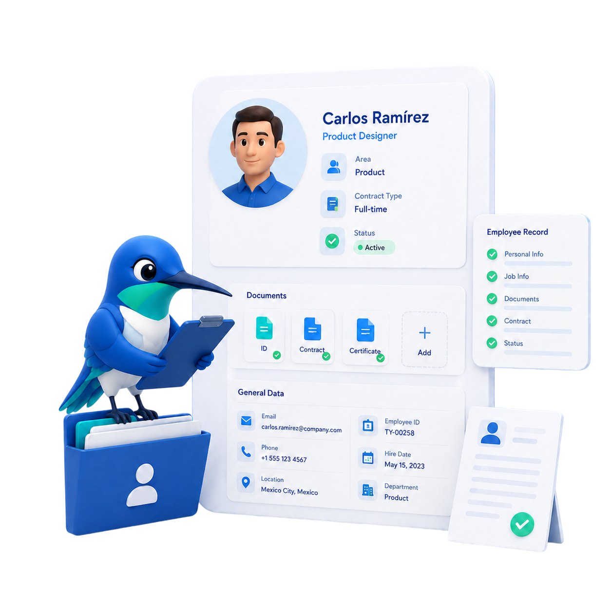 Talen, la mascota de TalentoYa — colibrí corporativo